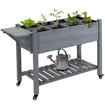 Outsunny 49" x 21" x 34" Raised Garden Bed w/ 8 Grow Grids, Outdoor Wood Plant Box Stand w/ Folding Side Table and Lockable Wheels for Vegetables, Flowers, Herbs, Gray