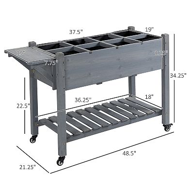 Outsunny 49" x 21" x 34" Raised Garden Bed w/ 8 Grow Grids, Outdoor Wood Plant Box Stand w/ Folding Side Table and Lockable Wheels for Vegetables, Flowers, Herbs, Gray