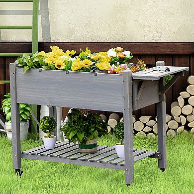 Outsunny 49" x 21" x 34" Raised Garden Bed w/ 8 Grow Grids, Outdoor Wood Plant Box Stand w/ Folding Side Table and Lockable Wheels for Vegetables, Flowers, Herbs, Gray