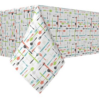 Square Tablecloth, 100% Cotton, 52x52", Retro Kitchen Cutlery