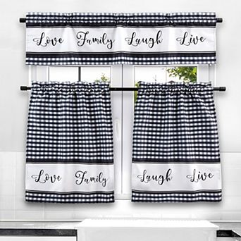 3 pc Kitchen Curtains and Valances Set, Love Family Laugh Live, Black, White