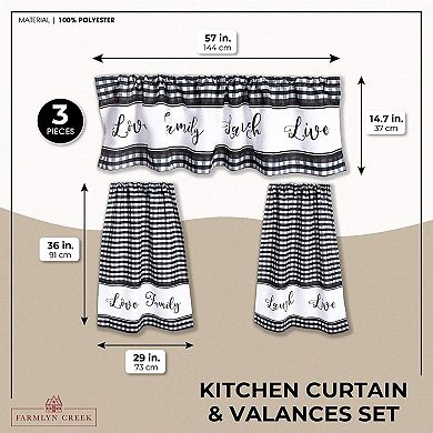 3 Piece Kitchen Curtains and Valances Set, 36 Inches Long for Window, Love Family Laugh Live (Black and White)