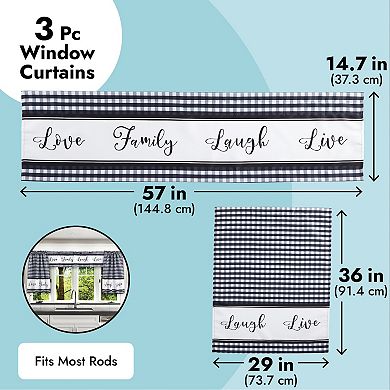 3 Piece Kitchen Curtains and Valances Set, Love Family Laugh Live, Black, White