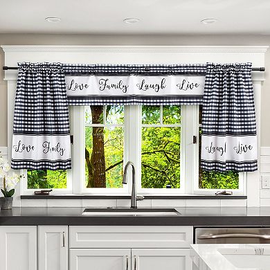 3 Piece Kitchen Curtains and Valances Set, Love Family Laugh Live, Black, White