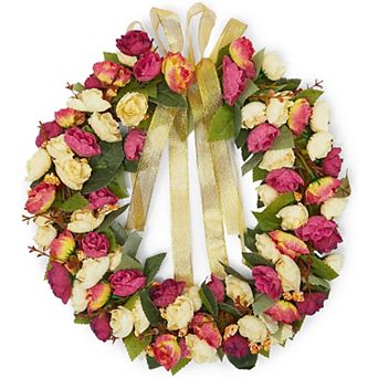 Valentine's Day Wreath for Front Door Outside Hanging, Rose with Ribbon 13.3"