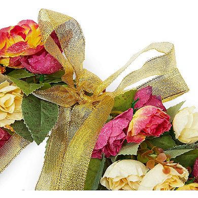 Valentine's Day Wreath for Front Door Outside Hanging, Rose with Ribbon 13.3"