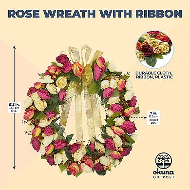 Valentine's Day Wreath for Front Door Outside Hanging, Rose with Ribbon 13.3"