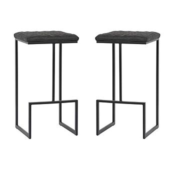 LeisureMod Quincy Quilted Stitched Leather Bar Stools With Metal Frame