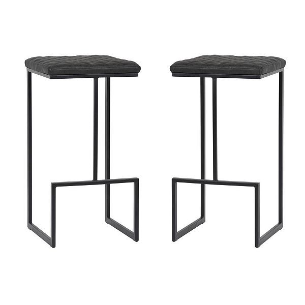 LeisureMod Quincy Quilted Stitched Leather Bar Stools With Metal Frame