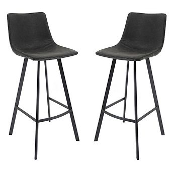 LeisureMod Elland Modern Upholstered Leather Bar Stool With Iron Legs & Footrest Set of 2