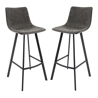 LeisureMod Elland Modern Upholstered Leather Bar Stool With Iron Legs & Footrest Set of 2