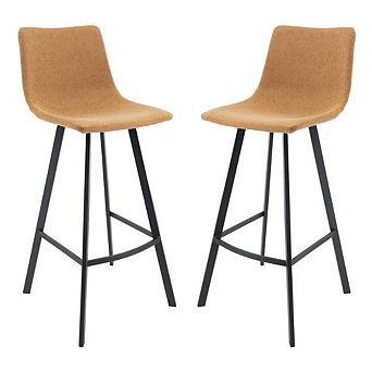 LeisureMod Elland Modern Upholstered Leather Bar Stool With Iron Legs & Footrest Set of 2