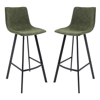 LeisureMod Elland Modern Upholstered Leather Bar Stool With Iron Legs & Footrest Set of 2