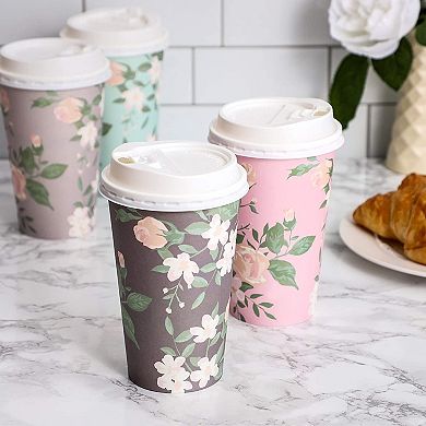 48-Pack Disposable Floral Paper Coffee Cups with Lids 16 oz , To Go Coffee Cups for Flower-Themed Birthday Party Supplies, Wedding Reception, Baby Shower (4 Pastel Colors)