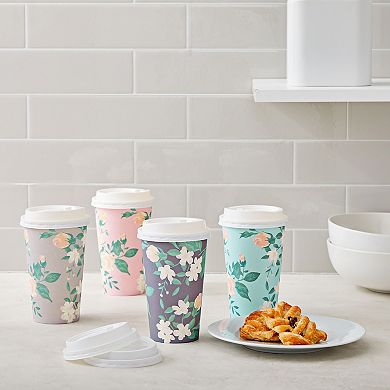 48-Pack Disposable Floral Paper Coffee Cups with Lids 16 oz , To Go Coffee Cups for Flower-Themed Birthday Party Supplies, Wedding Reception, Baby Shower (4 Pastel Colors)
