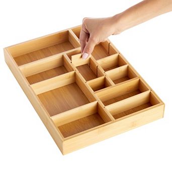Bamboo Drawer Organizer Tray With 8 Adjustable Dividers, 14 X 10 X 2 in
