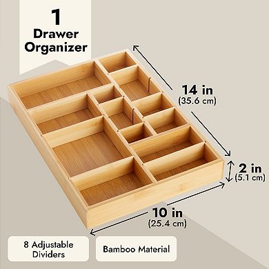 Bamboo Drawer Organizer Tray With 8 Adjustable Dividers, 14 X 10 X 2 In