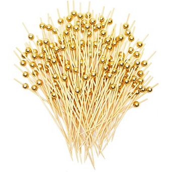 Gold Pearl Cocktail Picks, Bamboo Appetizer Toothpicks (4.7 in 150 Pack)