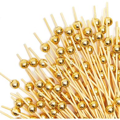 Gold Pearl Cocktail Picks, Wooden Appetizer Toothpicks (4.7 Inches, 150 Pack)