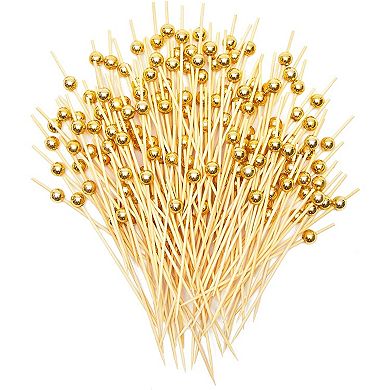 Gold Pearl Cocktail Picks, Wooden Appetizer Toothpicks (4.7 Inches, 150 Pack)