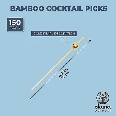 Gold Pearl Cocktail Picks, Bamboo Appetizer Toothpicks (4.7 Inches, 150 Pack)
