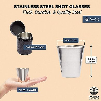 6 Pack Stainless Steel Shot Glasses with Leather Case, 2 oz Metal Shooters