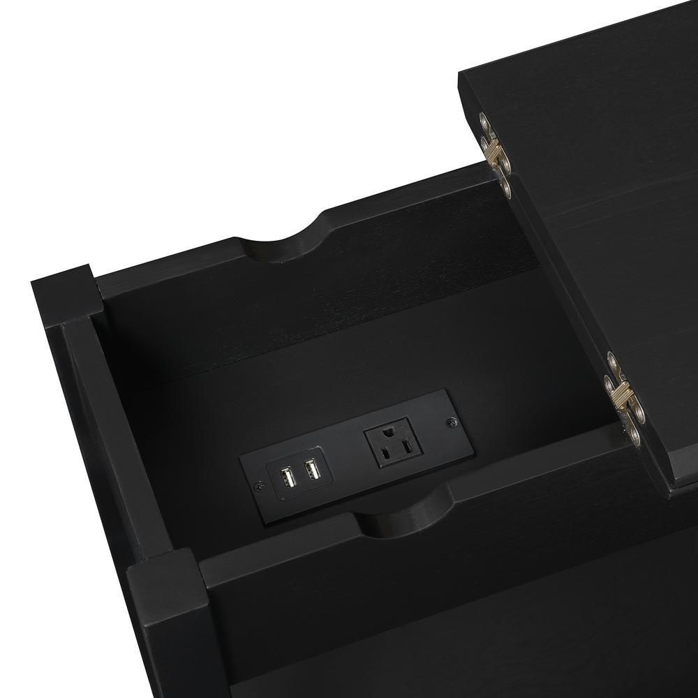 Close-up of charging station panel inside flip-top end table
