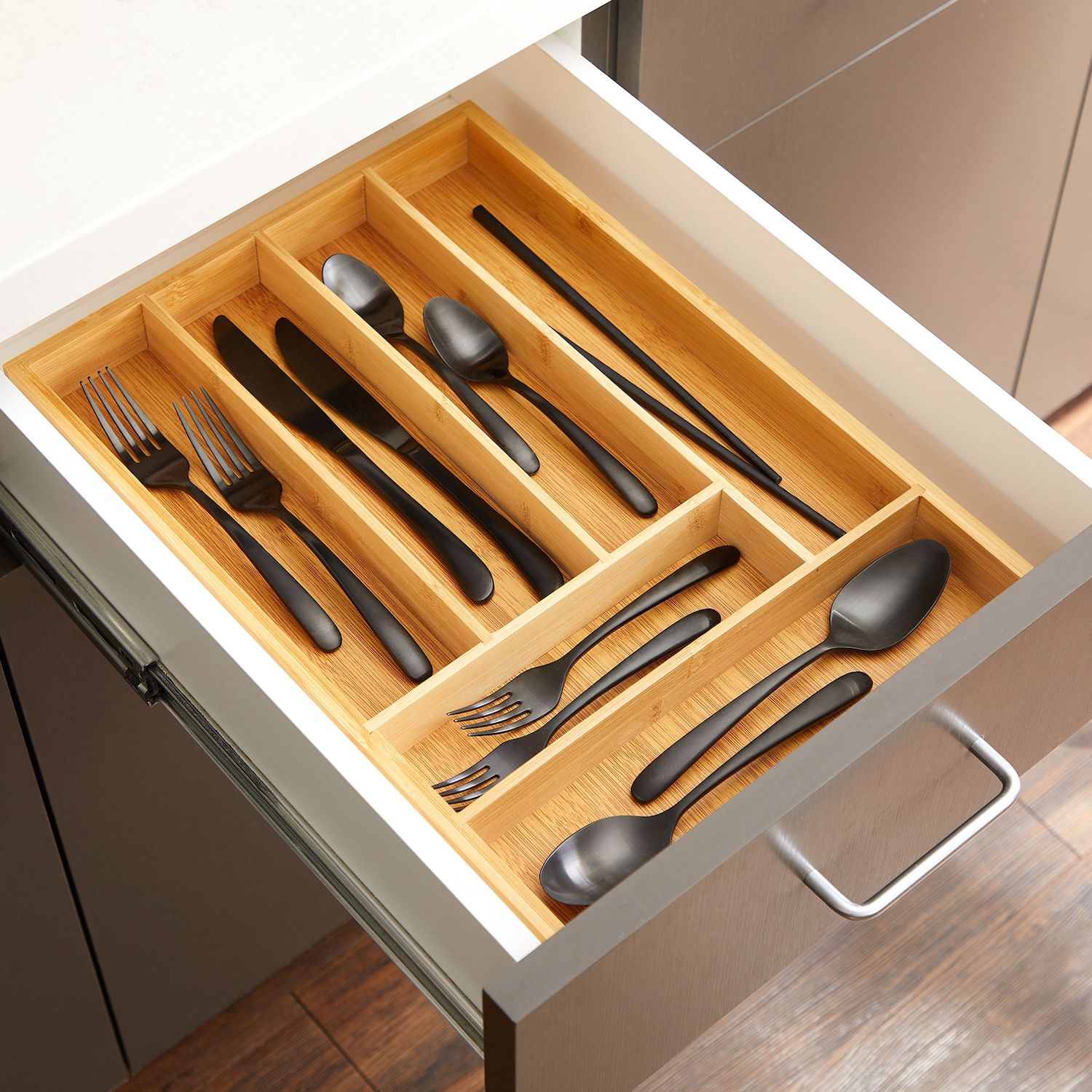Wooden Silverware Drawer Organizer, Wooden Cutlery Tray Holder for Kitchen, Flatware & Utensil Storage with 6 Slots, 17 x 11.75 x 1.75 Inches