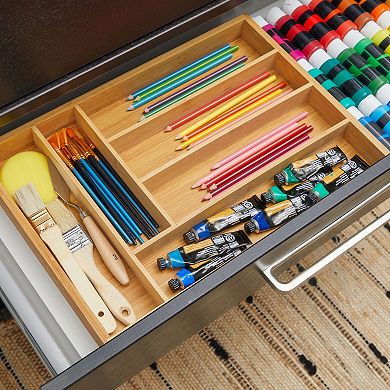 Wooden Silverware Drawer Organizer, Wooden Cutlery Tray Holder for Kitchen, Flatware & Utensil Storage with 6 Slots, 17 x 11.75 x 1.75 Inches