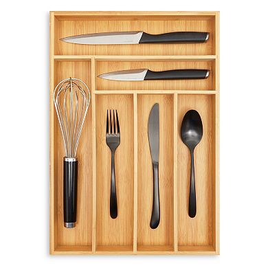 Wooden Silverware Drawer Organizer, Wooden Cutlery Tray Holder for Kitchen, Flatware & Utensil Storage with 6 Slots, 17 x 11.75 x 1.75 Inches