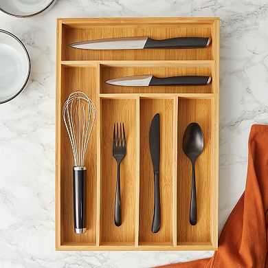 Wooden Silverware Drawer Organizer, Wooden Cutlery Tray Holder for Kitchen, Flatware & Utensil Storage with 6 Slots, 17 x 11.75 x 1.75 Inches