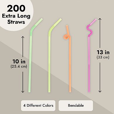 Plastic Drinking Straws, Single Use Bendable Straws (4 Colors, 13 In, 200 Pack)