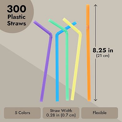 300 Pack Flexible Plastic Drinking Straws, Disposable Straws Bulk Set, 5 Colors