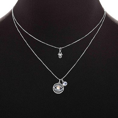 Aurielle Fine Silver Plated Cubic Zirconia & Crystal Hamsa Evil Eye Double-Layered Pendant Necklace