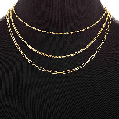 Aurielle 18k Gold Plated Singapore, Curb, & Paperclip Chain Multi-Row Necklace