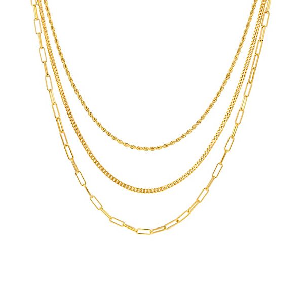 Aurielle 18k Gold Plated 16 Inch Rope, Curb, & Paperclip Chain Triple 