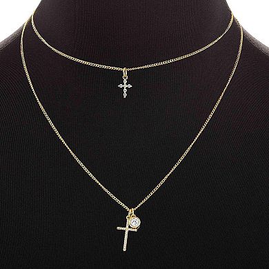 Aurielle 18k Gold Plated Cubic Zirconia Cross Double-Strand Pendant Necklace