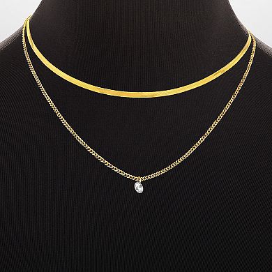 Aurielle 18k Gold Plated Cubic Zirconia Herringbone & Curb Chain Double-Row Pendant Necklace