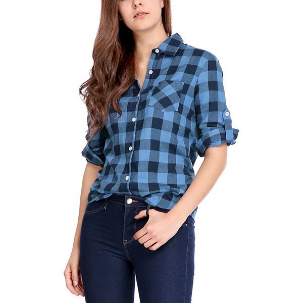 Women's Plaids Long Sleeves Cuffs Boyfriend Button Down Shirt