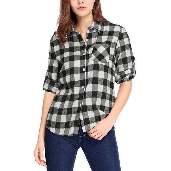 Women's Plaids Long Sleeves Cuffs Boyfriend Button Down Shirt