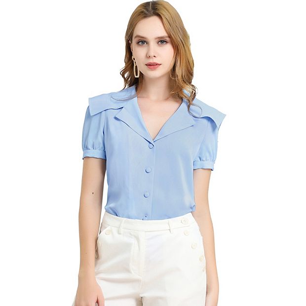 Women's Cute Button Front Puff Sleeves Sailor Collar Shirt Blouse