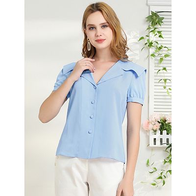 Women's Cute Button Front Puffy Sleeves Sailor Collar Shirt