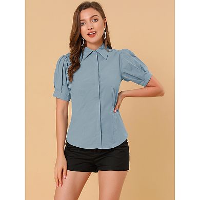 Women's Puffy Sleeve Point Collar Button Down Essential Office Shirt