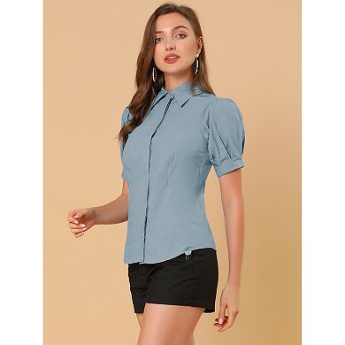 Women's Puffy Sleeve Point Collar Button Down Essential Office Shirt