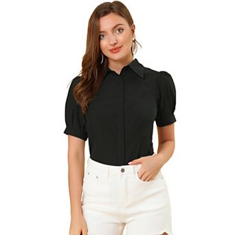 Women's Puffy Sleeve Point Collar Button Down Essential Office Shirt