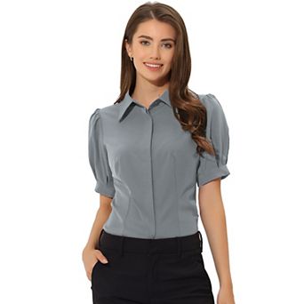 Women's Puffy Sleeve Point Collar Button Down Essential Office Shirt