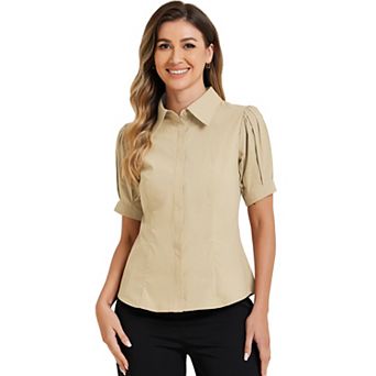 Women's Puffy Sleeve Point Collar Button Down Essential Office Shirt