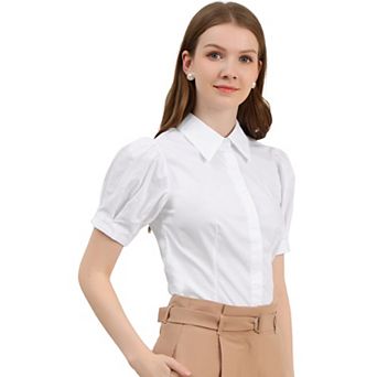 Women's Puffy Sleeve Point Collar Button Down Essential Office Shirt
