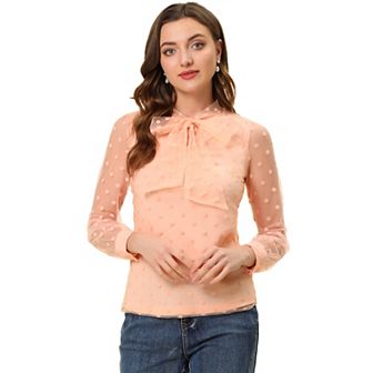 Women's Polka Dots Tie Neck Long Sleeve Semi Sheer Blouse