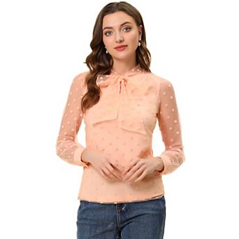 Women's Polka Dots Tie Neck Long Sleeve Semi Sheer Blouse